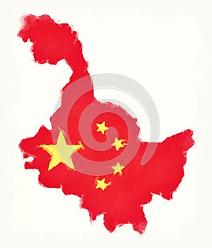Heilong China watercolor map with Chinese national flag illustration