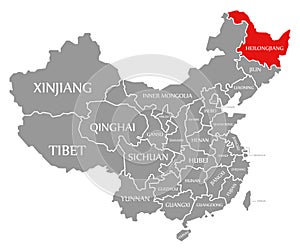 Heilongjiang red highlighted in map of China