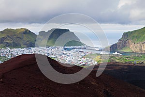 Heimaey town aerial view from Eldfell volcano