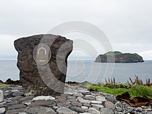 Memorial for fishing ship Pelagus shipwreck victims with scenic view over the ocean - Heimaey, Iceland