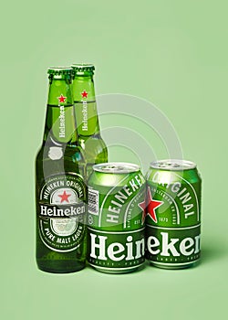 Heineken lager beer bottles and Heineken beer aluminum cans