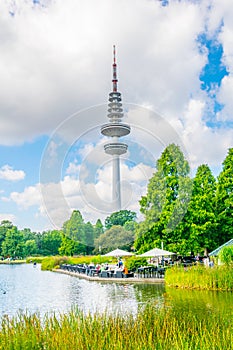 Heinirch Herz tower above Planten un Bloomen old botanical garden in Hamburg, Germany