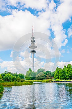 Heinirch Herz tower above Planten un Bloomen old botanical garden in Hamburg, Germany