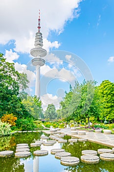 Heinirch Herz tower above Planten un Bloomen old botanical garden in Hamburg, Germany