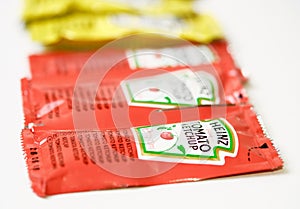 Ketchup and mustard from Heinz brand in sachets