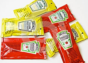 Ketchup and mustard from Heinz brand in sachets