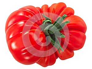 Heirloom ribbed tomato Solanum lycopersicum fruit, top view,  isolated