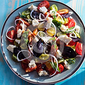 Heirloom tomatoes salad with cheese and basil