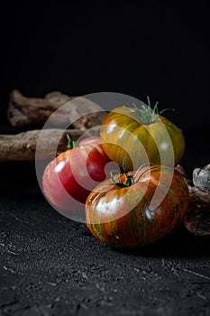 Heirloom tomatoes. Three tomatoes of different colors and a beautiful snag on a black background