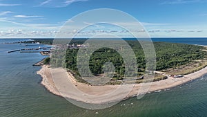 Hel city. Aerial view of Hel Peninsula in Poland, Baltic Sea and Puck Bay (Zatoka Pucka) Photo made by drone from above.