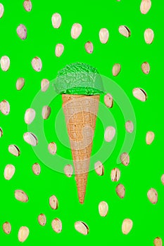 helado de pistacho flotante con pistachos flotantes sobre fondo verde photo