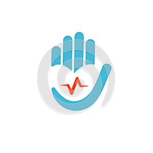 Helath care logo, heart in hand with pulse abstract vector icon. Medical charity concept symbol. Palpitation, awareness photo