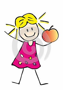Helathy food, girl with red apple, character, sketch, vector image