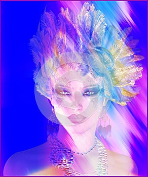 Helen of Troy, with feather hairstyle and colorful abstract effect. photo