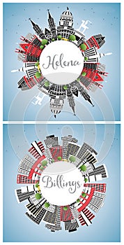 Helena and Billings Montana City Skylines Set with Color Buildings, Blue Sky and Copy Space
