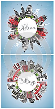 Helena and Billings Montana City Skylines Set with Color Buildings, Blue Sky and Copy Space photo