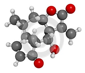 Helenalin sesquiterpene lactone molecule. Toxin found in Arnica montana. 3D rendering. Atoms are represented as spheres with