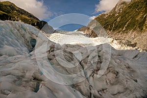 Heli hiking on the glacier floor high up in the Southern alps mountain peaks on Fox