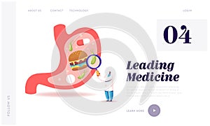 Helicobacter Disease or Gastritis Landing Page Template. Male Doctor Character with Huge Magnifying Glass