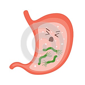 Helicobacter Pylori in the stomach. Sick stomach character. Bacterium with flagella that causes gastritis.