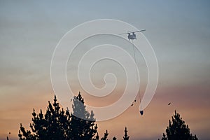 Helicopter approaching the focus of the forest fire.