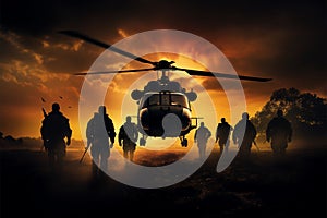 Helicopter backdrop accentuates the determination of soldiers powerful silhouettes