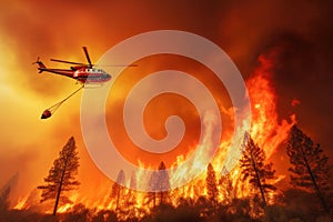 Helicopter bringing water bucket to fight the intense forest wildfire with flames reaching sky. Generative AI illustration