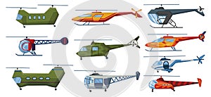 Helicopter cartoon aviation set. Avia transportation with propeller isolated on white. Vector copter aircraft rotor