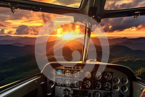 Helicopter cockpit with a beautiful sunrise in the background over the mountains, Aerial sunset view over the Blue Ridge Mountains