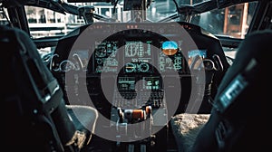 Helicopter cockpit with pilot arm and control panel. Generative AI