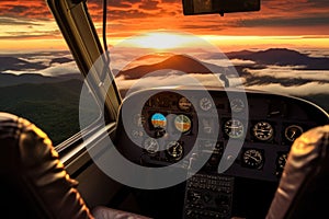 Helicopter cockpit with view of sunrise and fog in the mountains, Aerial sunset view over the Blue Ridge Mountains from the