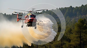 Helicopter distributes extinguishing agents over the fire area in a forest landscape