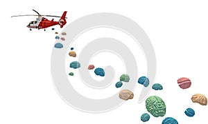 helicopter distributing brains  white background