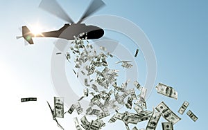 Helicopter dropping money in sky