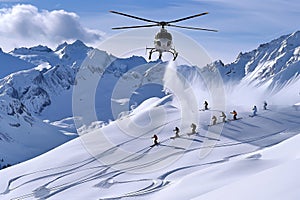 helicopter dropping off skiers on snowy mountaintop