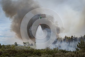 Helicopter dropping water over a fire