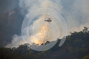 Helicopter dumping water on forest fire