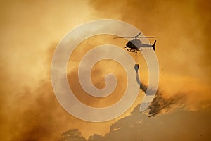 Helicopter dumping water on forest fire