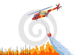 Helicopter extinguishing forest fire. Rescue air transport. Remote extinguishing of fires. Combating natural disasters