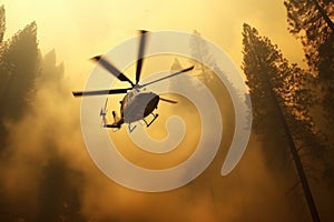 Helicopter Fighting Forest Fire with Water Drop