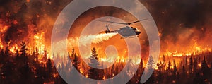 Helicopter fighting wildfire in a dense forest during intense and dramatic conditions photo