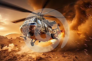 Helicopter in the fire. 3D illustration. Military background, Helicopter in the desert. Military scene. 3d render, Attack