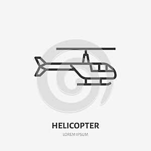 Helicopter flat line icon. Rotorcraft vector illustration. Thin sign for aircraft rental, copter logo