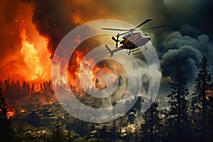 A helicopter flies over a city engulfed in flames, battling a fire emergency to prevent further destruction