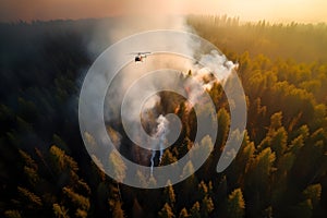 Helicopter flies over forest fire, aerial shot. Smoke above the trees