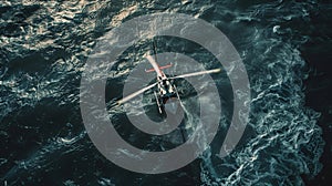 A helicopter flies over the ocean capturing aerial footage of the tidal energy converters in action their blades photo
