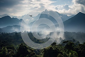 helicopter flies over smoking jungle, with view of majestic mountains in the distance