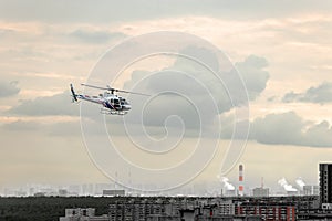 Helicopter flight above Moscow city Russian patrol