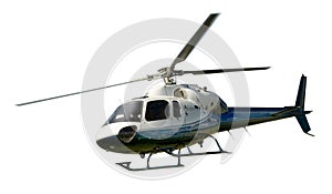 Helicopter in flight isolated against white