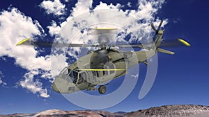 Helicopter in flight, military aircraft, army chopper flying in sky with clouds, 3D rendering